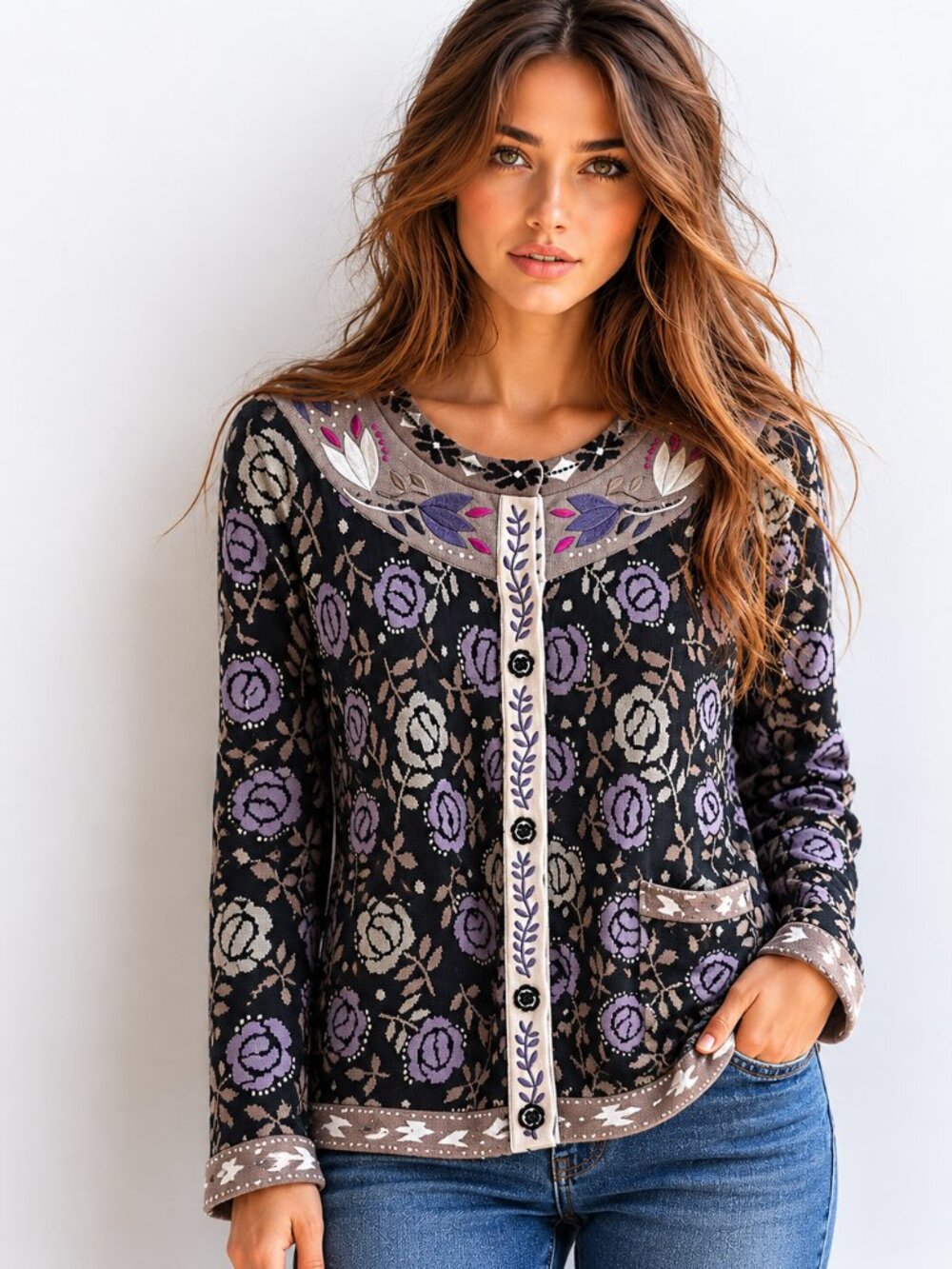 Cotton Gudrun Sjödén Knit Cardigan, Scandinavian Folk Art Embroidered Sweater